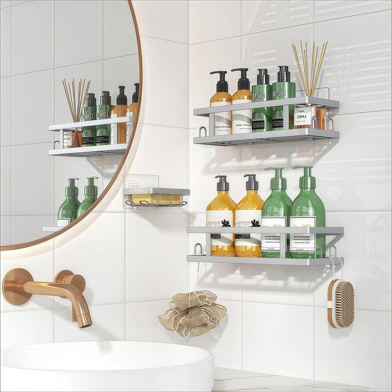 Youvip Adhesive Shower Caddy,Shower Shelves with Soap Holder and 12 Hooks,Rustproof No Drilling Bathroom Organizer and Storage,Silver,3 Pack - Image 3